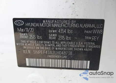 2020 Hyundai Sonata Sel z USA, uszkodzony, nr VIN 5NPEF4JA2LH048738